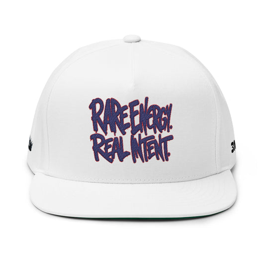 Flat Bill Cap — "Rare Energy, Real Intent" Embroidered Streetwear Snapback
